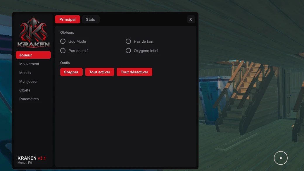Mod menu Kraken ouvert dans Raft